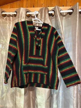 Striped Hooded Baja Sweater Black with Red, yellow & Green size Medium